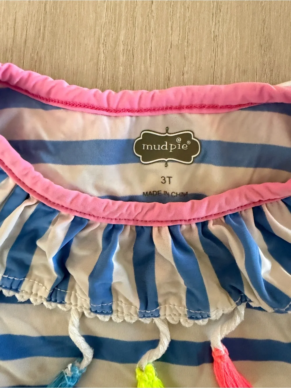 Mud Pie Blue & Pink Striped Tassel Ruffle Two-Piece Swim Set Bathing Suit 3T